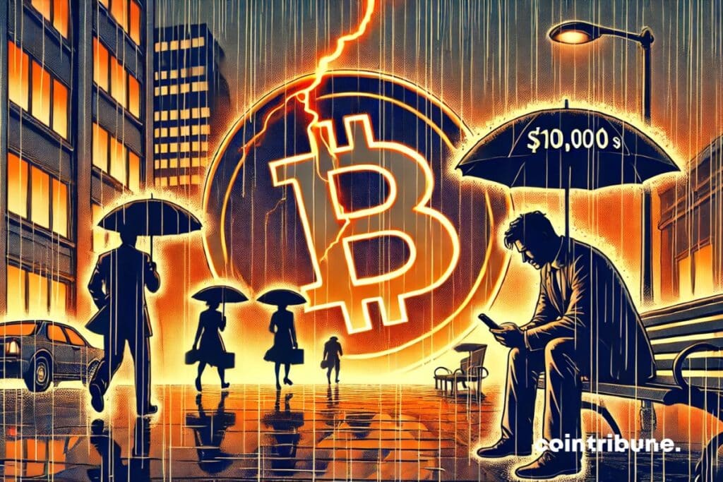 Desperate bitcoin investor sits on a bench under tension