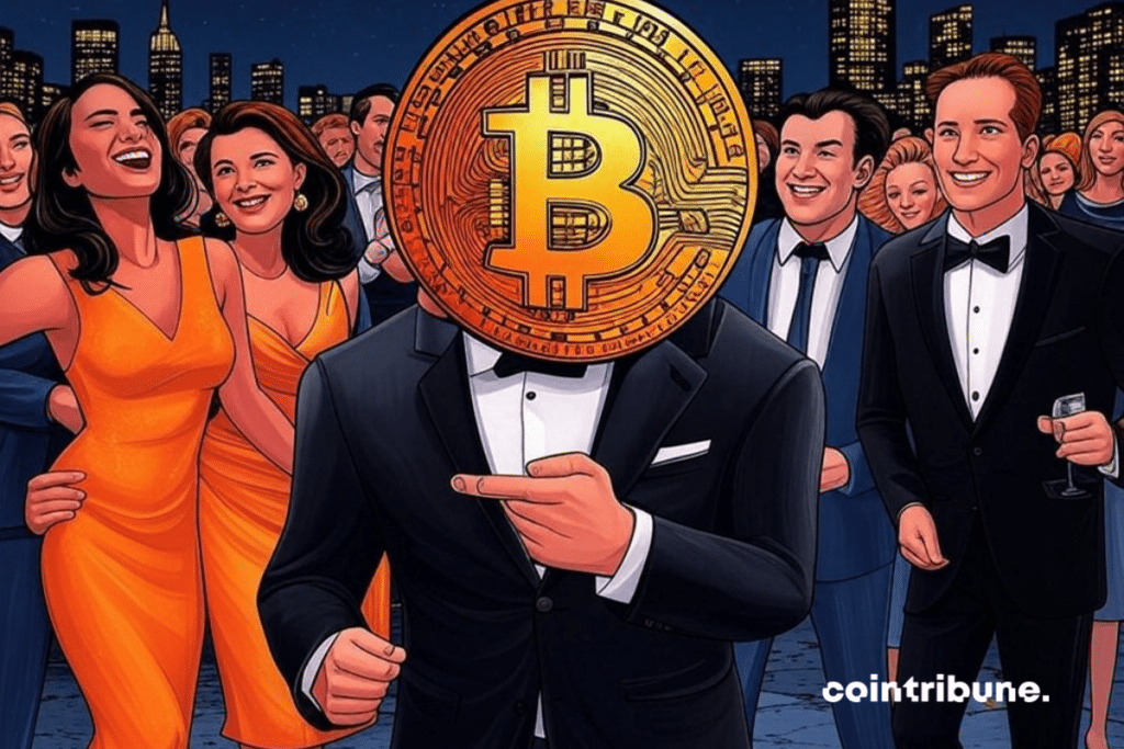 Illustration stylisée d'une soirée mondaine où un homme en smoking a une pièce de Bitcoin à la place de la tête, entouré de personnes élégantes et d'une skyline urbaine nocturne