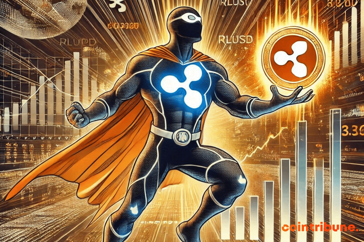 Hero character representing Ripple and holding a RLUSD crypto coin.
