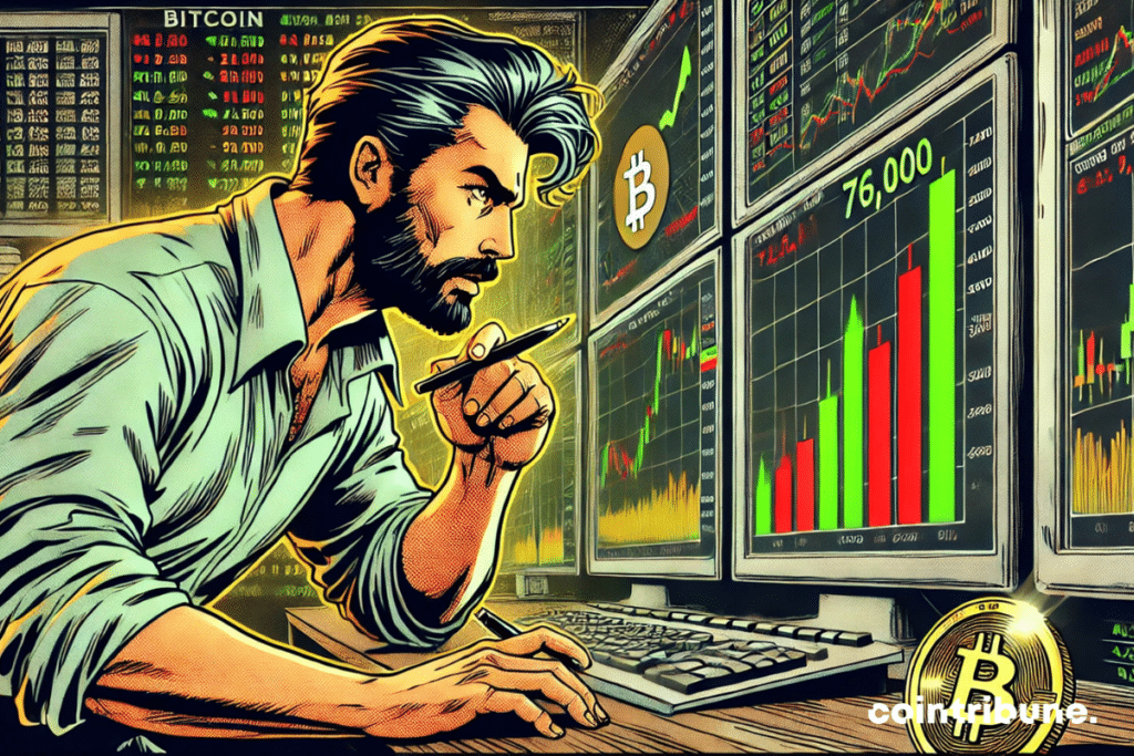 A focused trader analyzing technical signals on a large screen displaying financial charts, a glowing Bitcoin, and an upward arrow towards ,000. The atmosphere is dynamic with strong strategic tension.