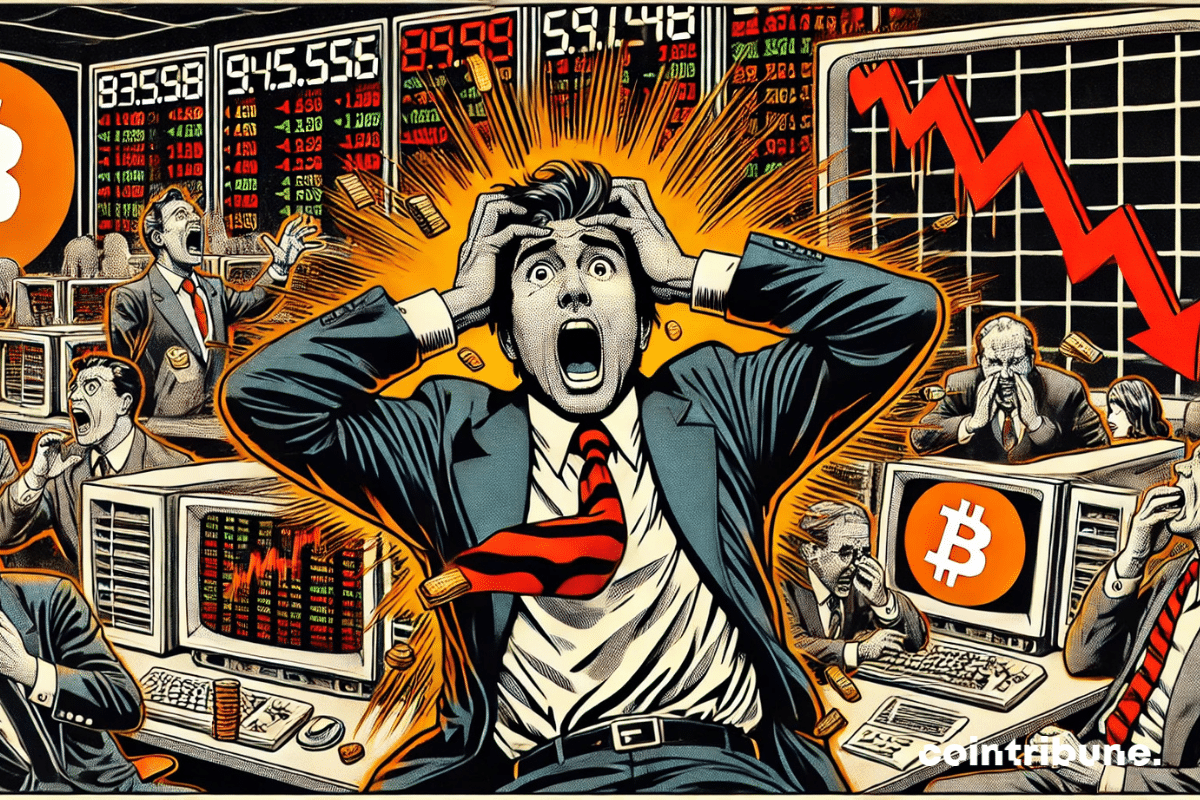 A trader in a suit and tie, his face tense with anxiety, hands gripping his head, eyes wide open staring at his screen.
