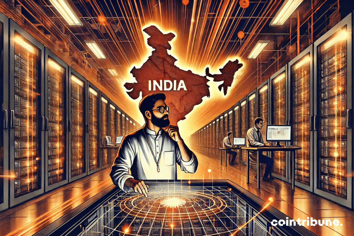 A futuristic data center in India, with a Microsoft-trained engineer adjusting a holographic screen and a data cloud shaped like the map of India.