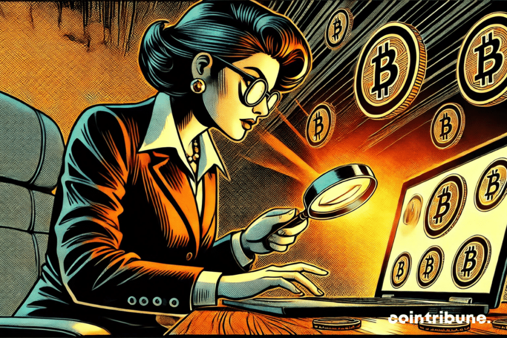 A government agent examining a suspicious crypto transaction on a computer, symbolizing the accusations against the TRUMP memecoin.