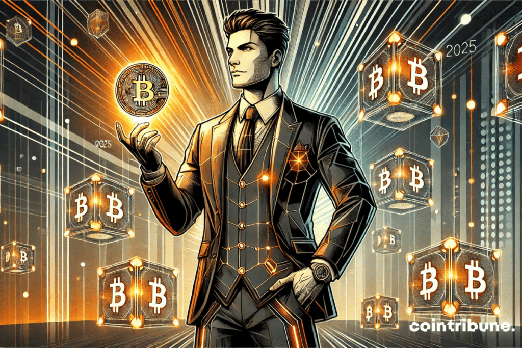 An investor looking at a Bitcoin coin