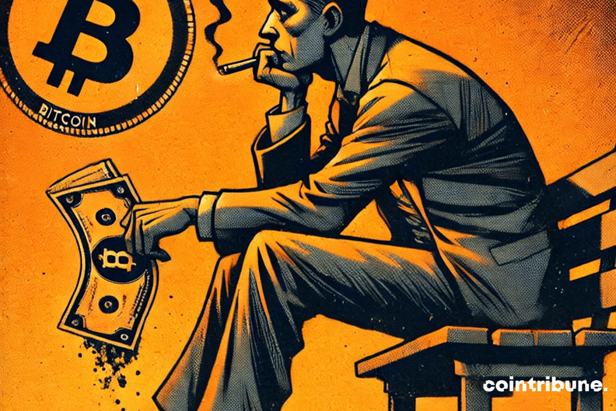 Personnage mélancolique avec un billet Bitcoin