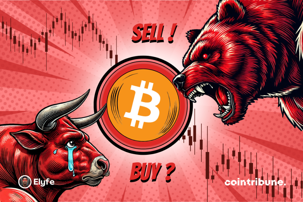 ETH logo on a blue or red background, with a bear and a blue bull with expressive eyes on either side. A graphic appears in the background.