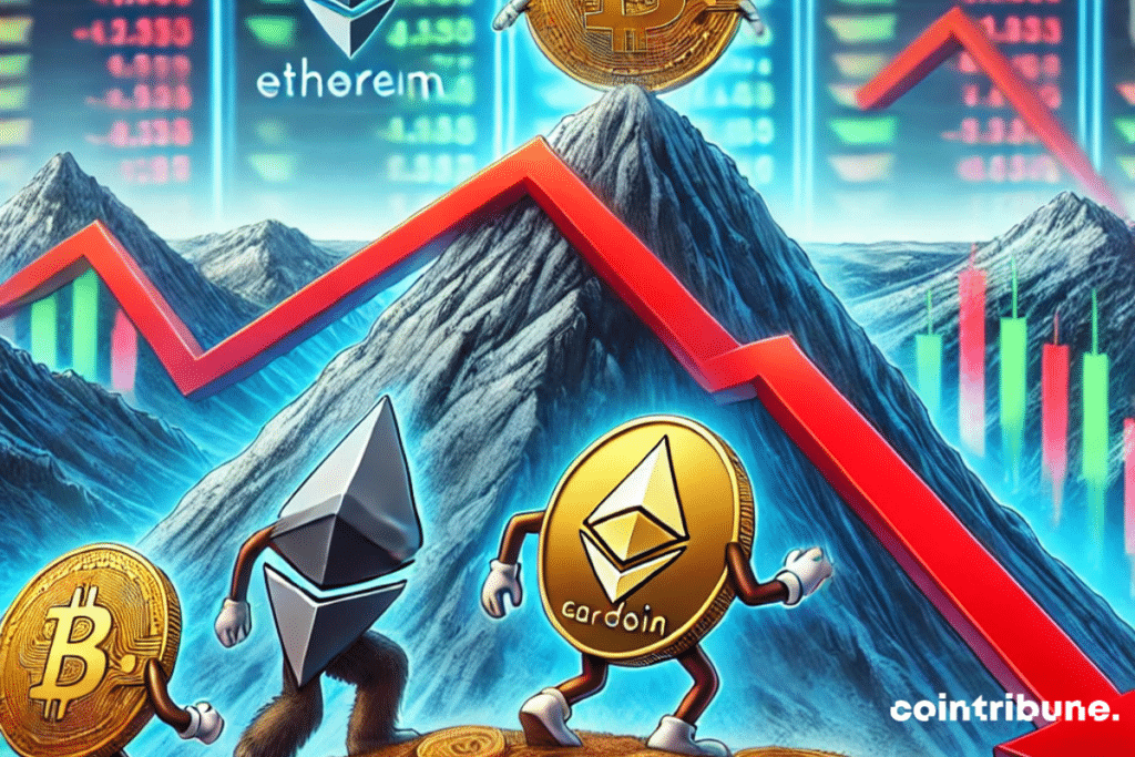 A futuristic scene where altcoins like Ethereum, Solana, and Cardano struggle to climb a steep mountain.