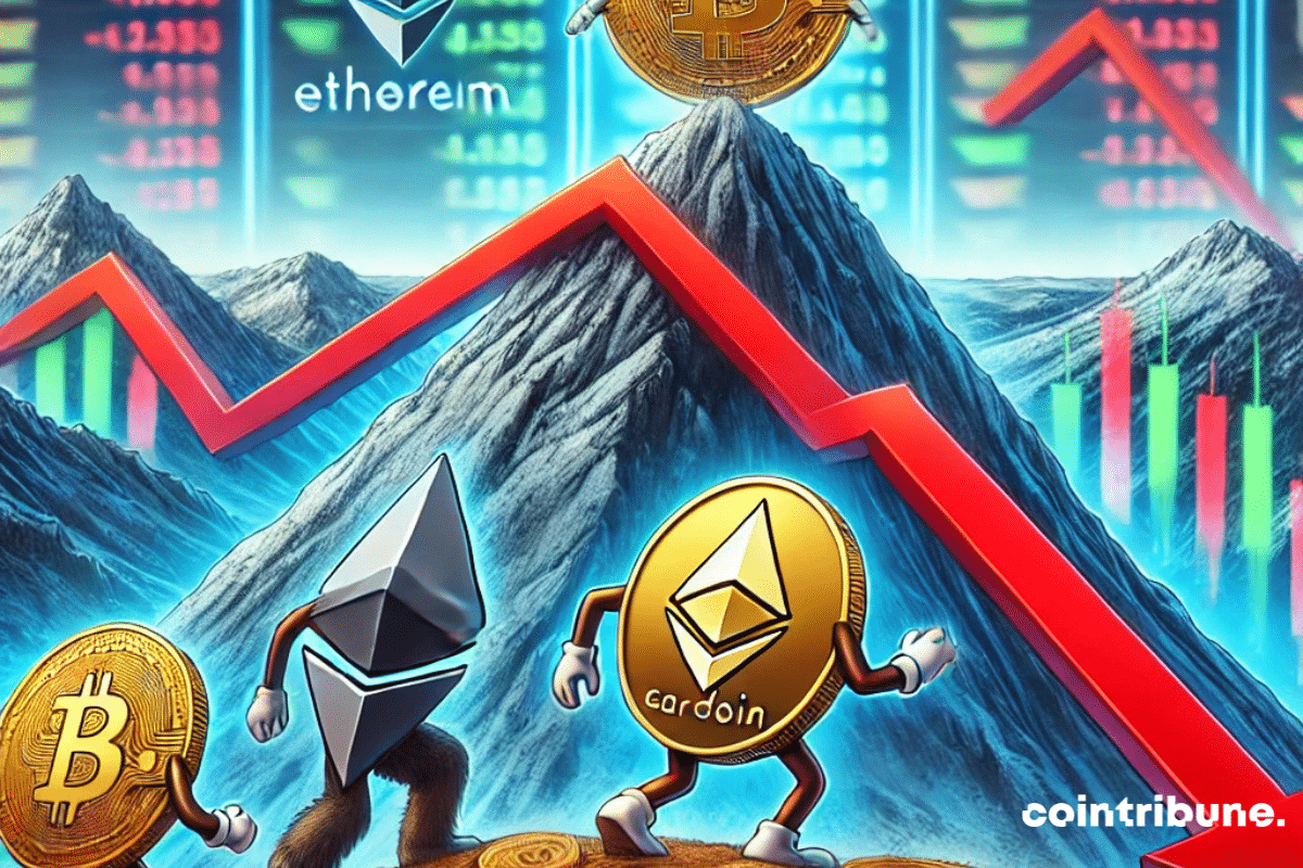 A futuristic scene where altcoins like Ethereum, Solana, and Cardano struggle to climb a steep mountain.