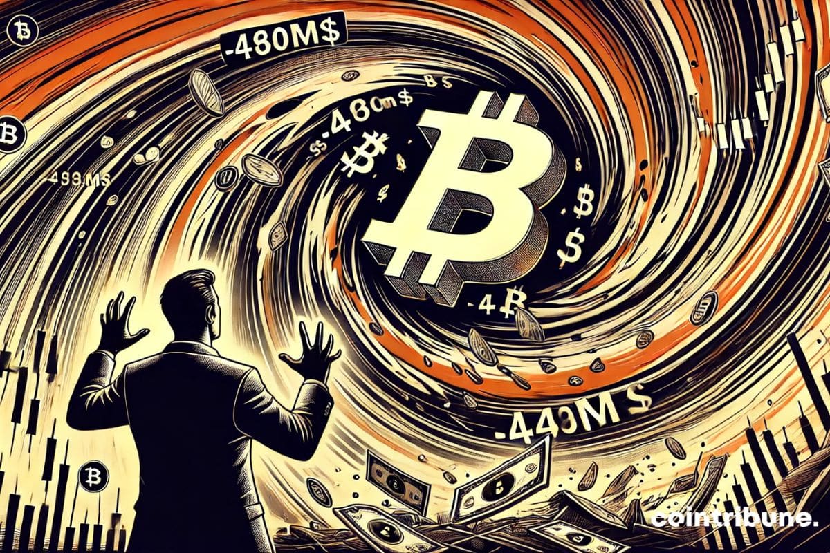 A investor in front of a tornado representing the massive Bitcoin and Ethereum ETF outflow