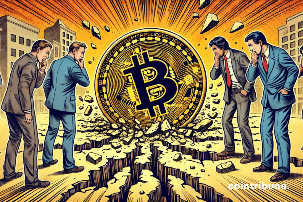 La pièce Bitcoin fissurée au centre du séisme financier, entourée de personnages paniqués.