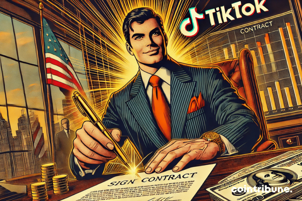 The businessman, inspired by Trump without being an exact copy, is signing the TikTok contract, surrounded by financial elements and the American flag.
