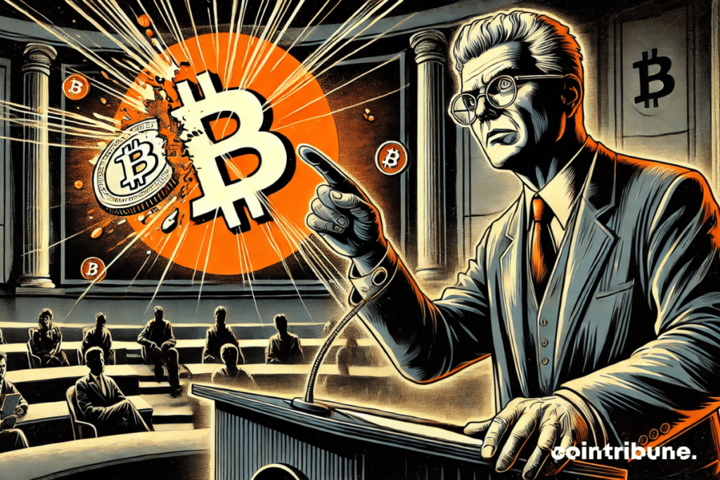 Bitcoin in full disintegration under the Nobel laureate’s speech creates a strong visual impact.
