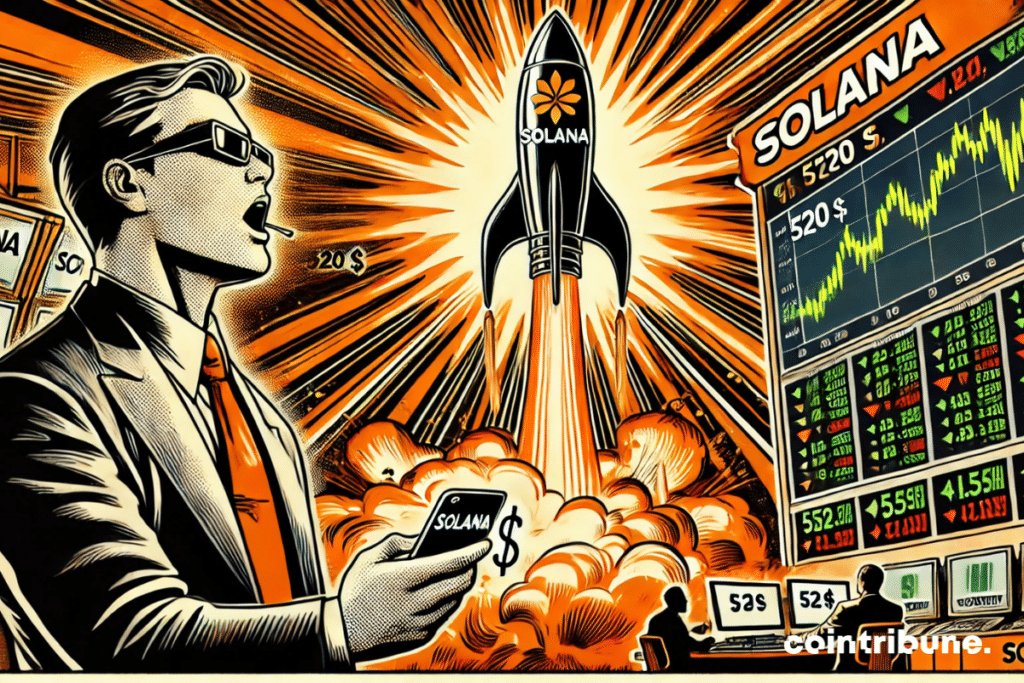 Crypto: Solana's meteoric rise to 0 ! The dynamism and the orange and black palette highlight the price explosion.