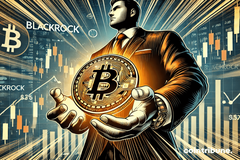 The giant BlackRock holding a massive Bitcoin! It perfectly illustrates the rise of its investment.