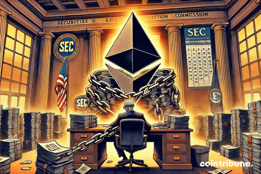 Ethereum chained before the SEC, symbolizing repeated delays!
