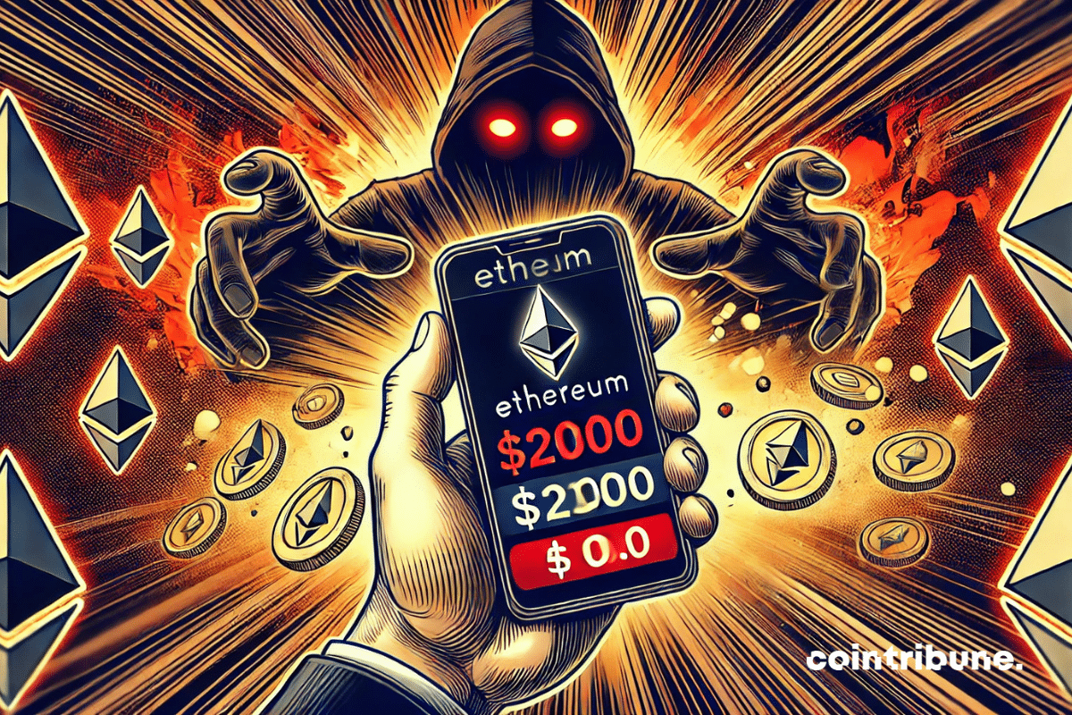 Illustration of a smartphone crypto wallet evaporating in an ominous atmosphere. The dramatic intensity and visual contrasts highlight the panic and urgency of the situation.