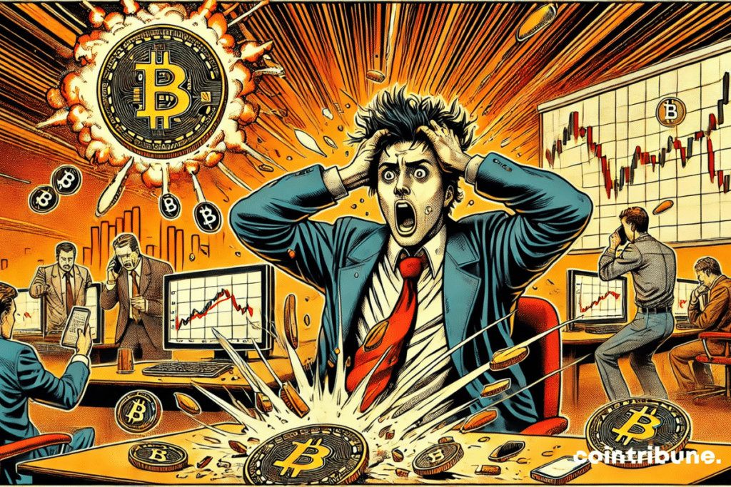 A sweaty, wide-eyed bitcoin trader in a suit, pulling his hair in front of a screen
