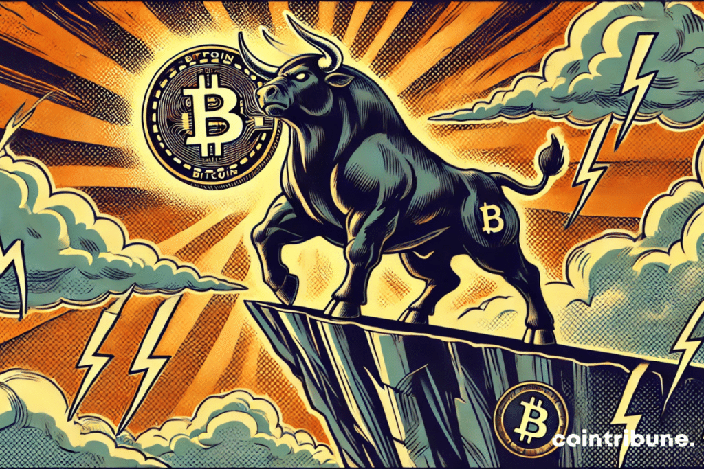 Un taureau imposant maintenant un jeton Bitcoin sur ses cornes au-dessus d’une falaise