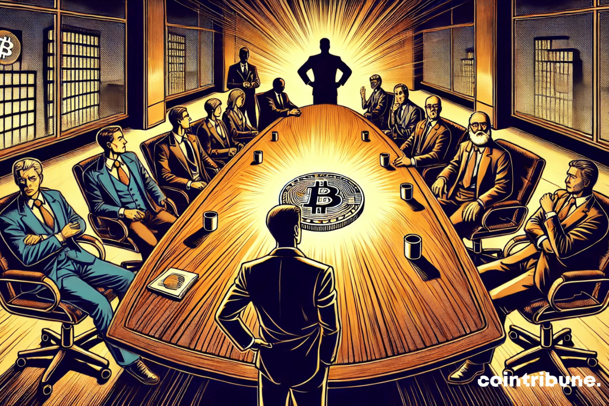 A luxurious meeting table with several bankers to talk about cryptos