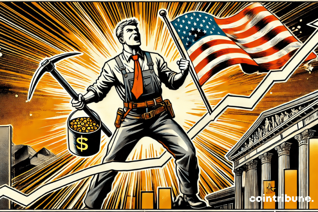 An American gold miner watches a stock chart explode upwards