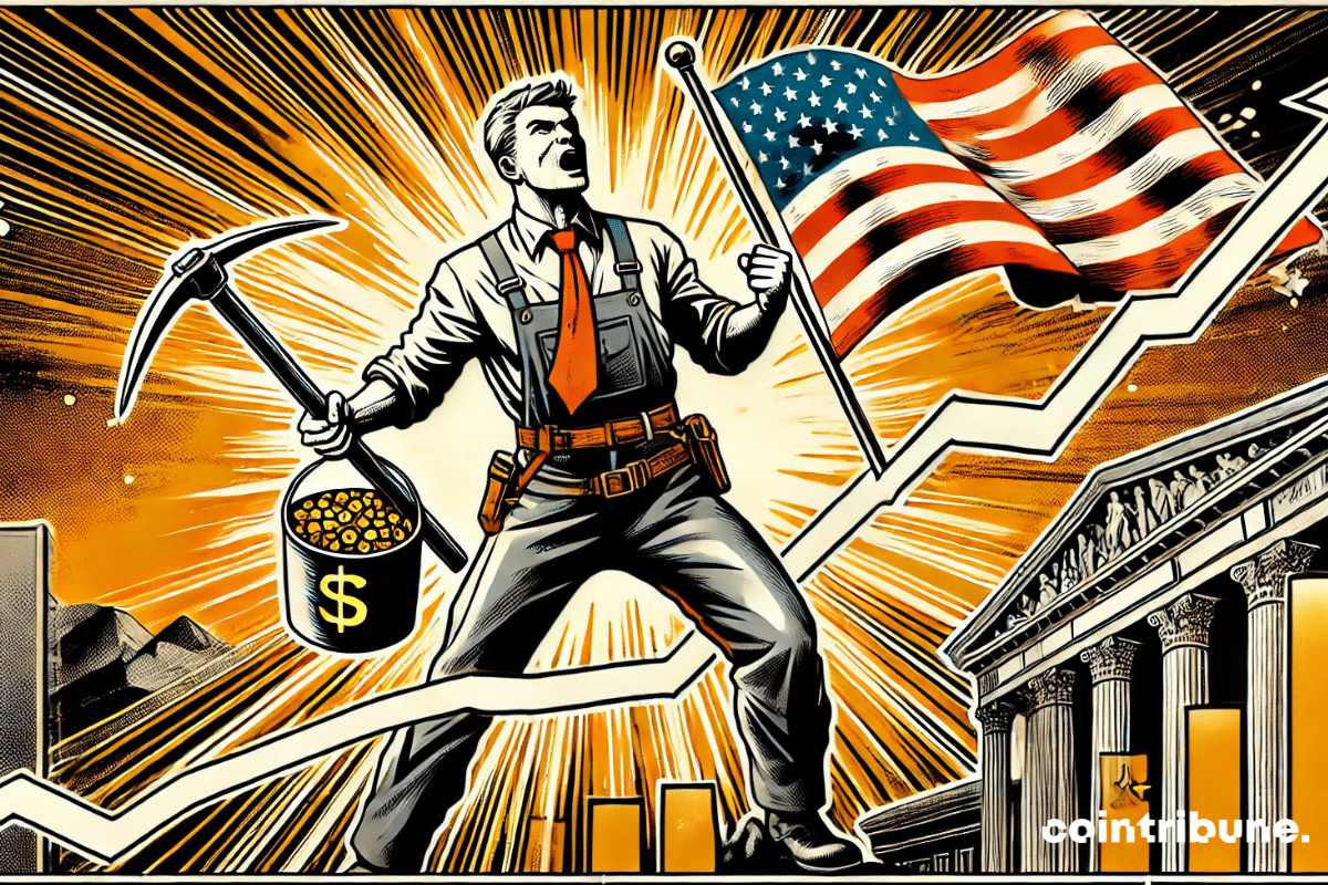 An American gold miner watches a stock chart explode upwards