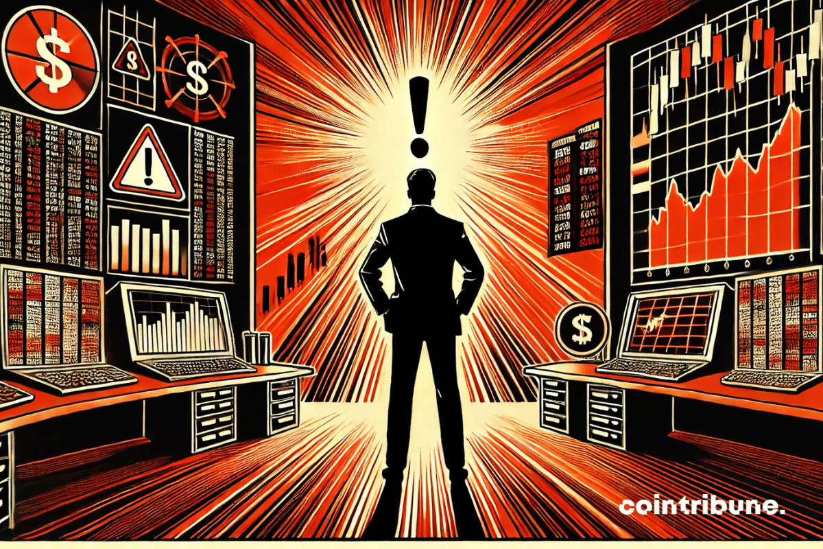 A silhouette of a Bitcoin analyst facing a huge red screen displaying an alert symbol.
