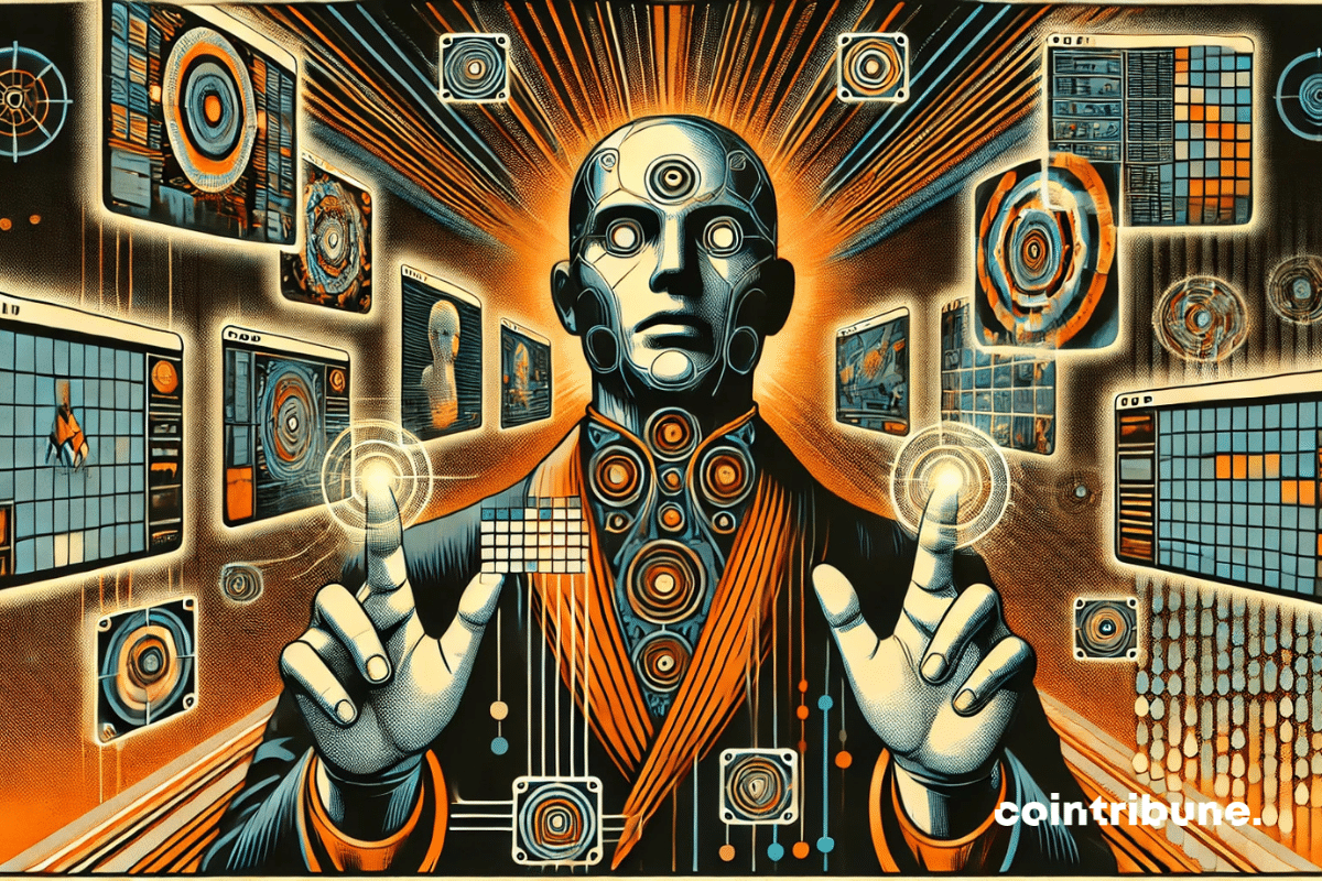 A digital humanoid manipulates holographic screens, symbolizing the intelligence and connectivity of this new technological era.