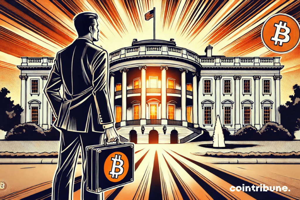 A man holding a briefcase with the Bitcoin logo looks at the White House.