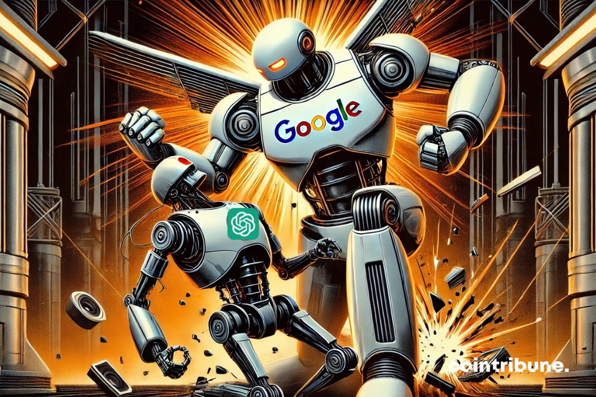 A Google robot representing Gemini 2.5 destroys a small ChatGPT robot from OpenAI