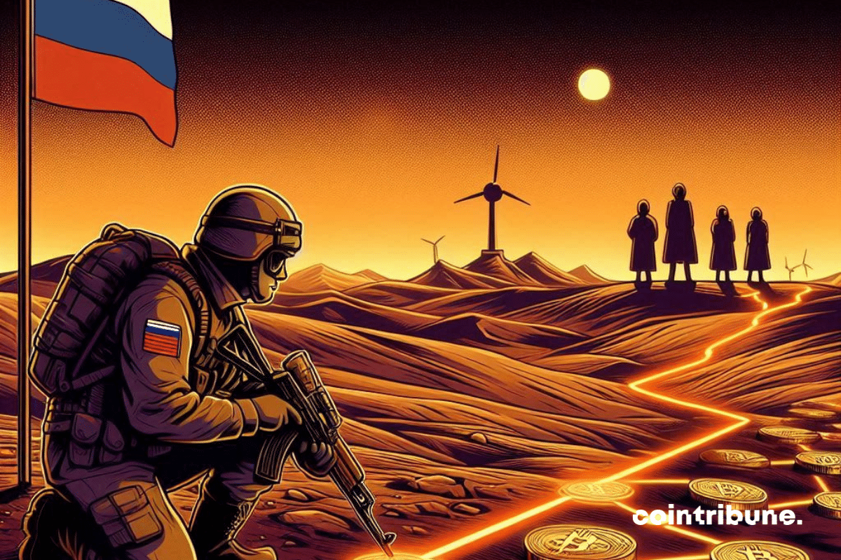 Russian soldier pointing his weapon at a trail of digital assets
