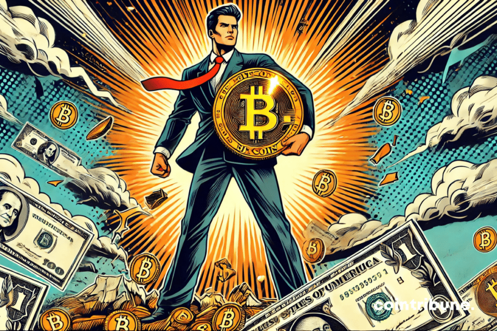 A triumphant businessman (Kiyosaki) holding a giant Bitcoin, while torn dollar bills fall around him!
