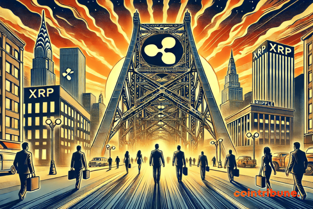 Le pont Ripple/XRP reliant deux mondes financiers, symbolisant une avancée crypto stratégique majeure !