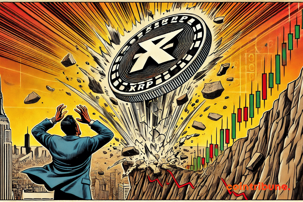 Une immense pièce de la crypto XRP plonge dans le vide, sous les yeux d’un trader paniqué, tandis qu’un graphique en arrière-plan affiche une tendance fortement baissière.