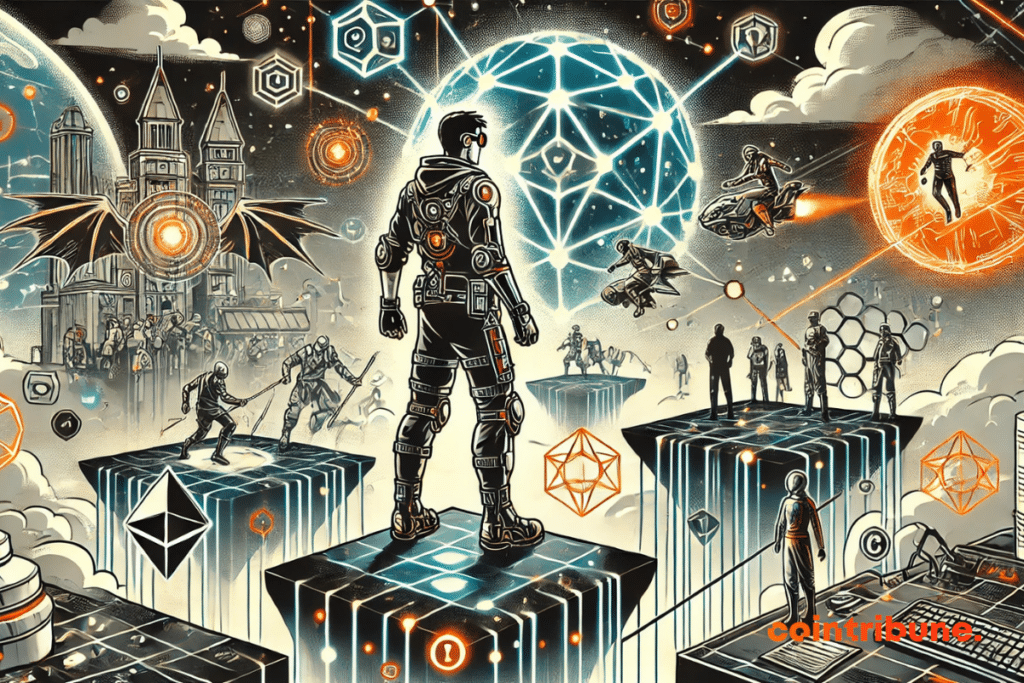 illustration on interoperability in Web3 gaming, with a character walking on a luminous digital bridge connecting several game worlds