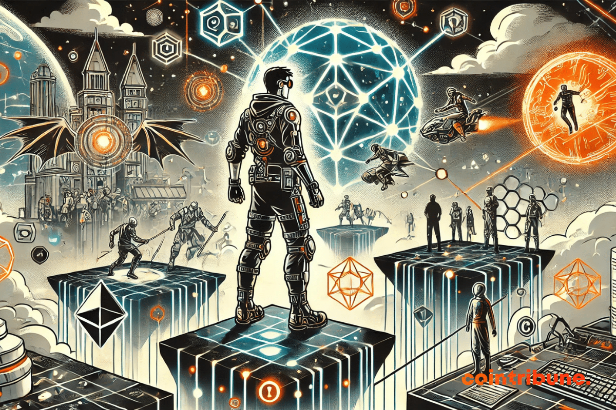 ilustração sobre interoperabilidade em jogos Web3, com um personagem caminhando sobre uma ponte digital luminosa conectando vários mundos de jogo