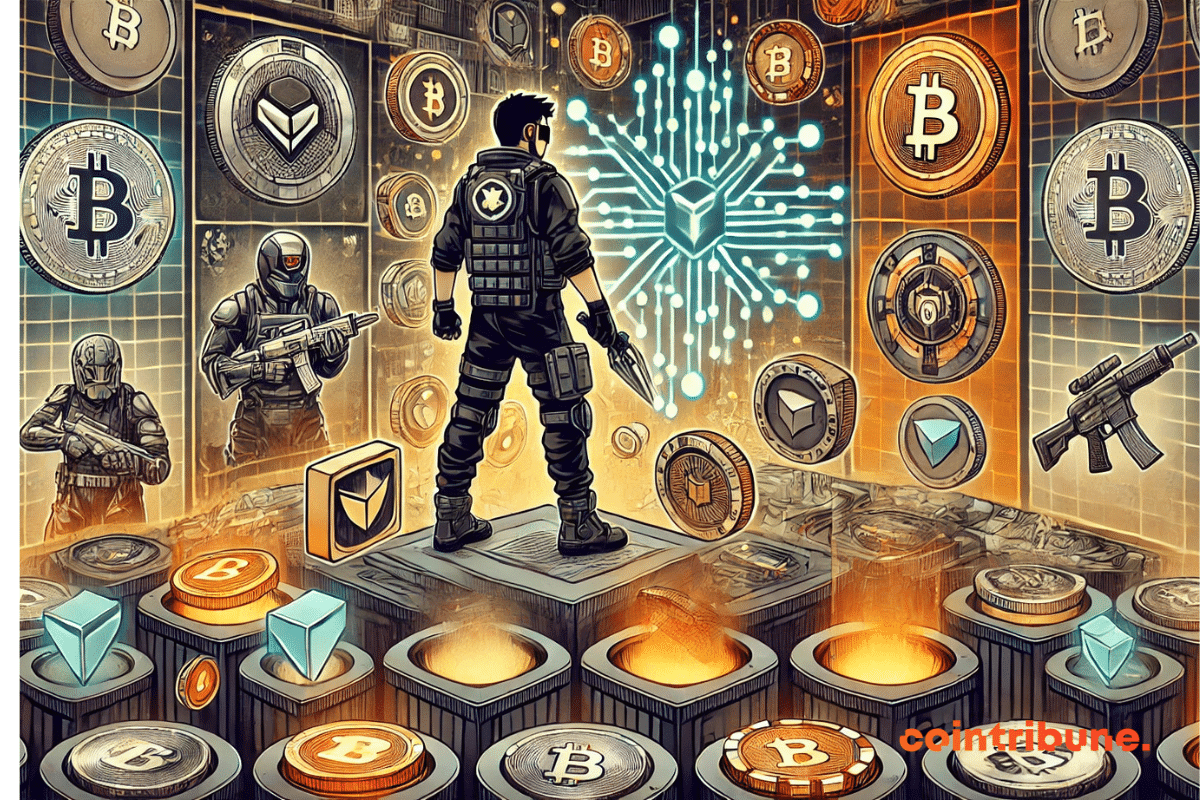 Ilustração destacando um mercado virtual de NFT onde um jogador futurista interage com objetos digitais negociáveis, ilustrando o impacto dos NFTs nos jogos