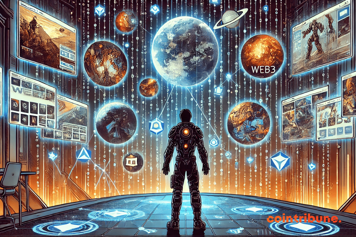 illustration featuring Web3 platforms and games, with a character in front of a digital portal surrounded by holographic screens displaying different game universes.