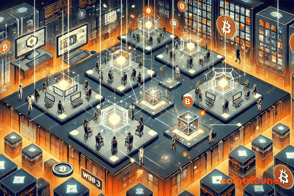 Ilustración que presenta una plataforma de juego futurista conectada a una red blockchain, con múltiples jugadores interactuando en un espacio digital inmersivo.