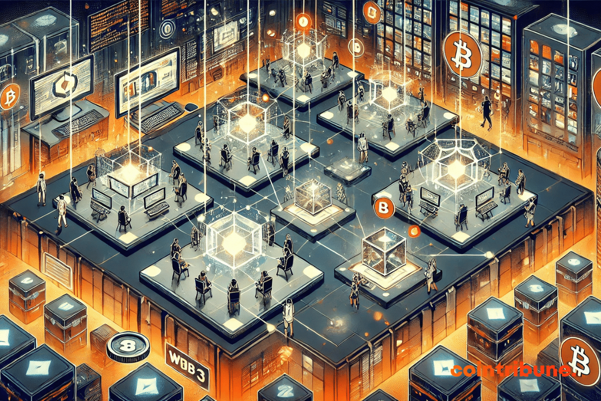 illustration featuring a futuristic gaming platform connected to a blockchain network, with multiple players interacting in an immersive digital space