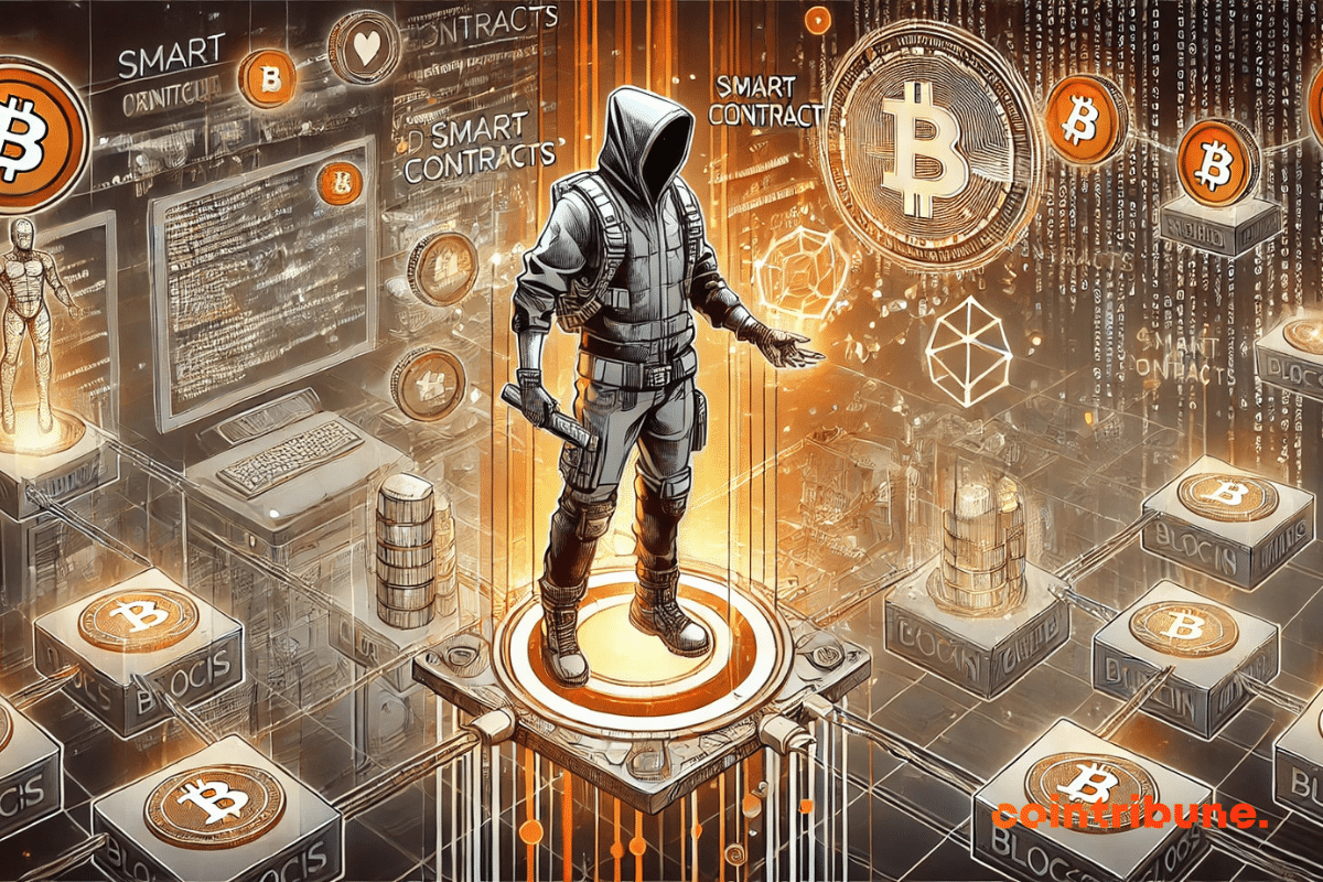 Ilustração representando um contrato inteligente em jogos de blockchain, com um personagem futurista ativando um contrato digital holográfico, cercado por blockchains conectados.