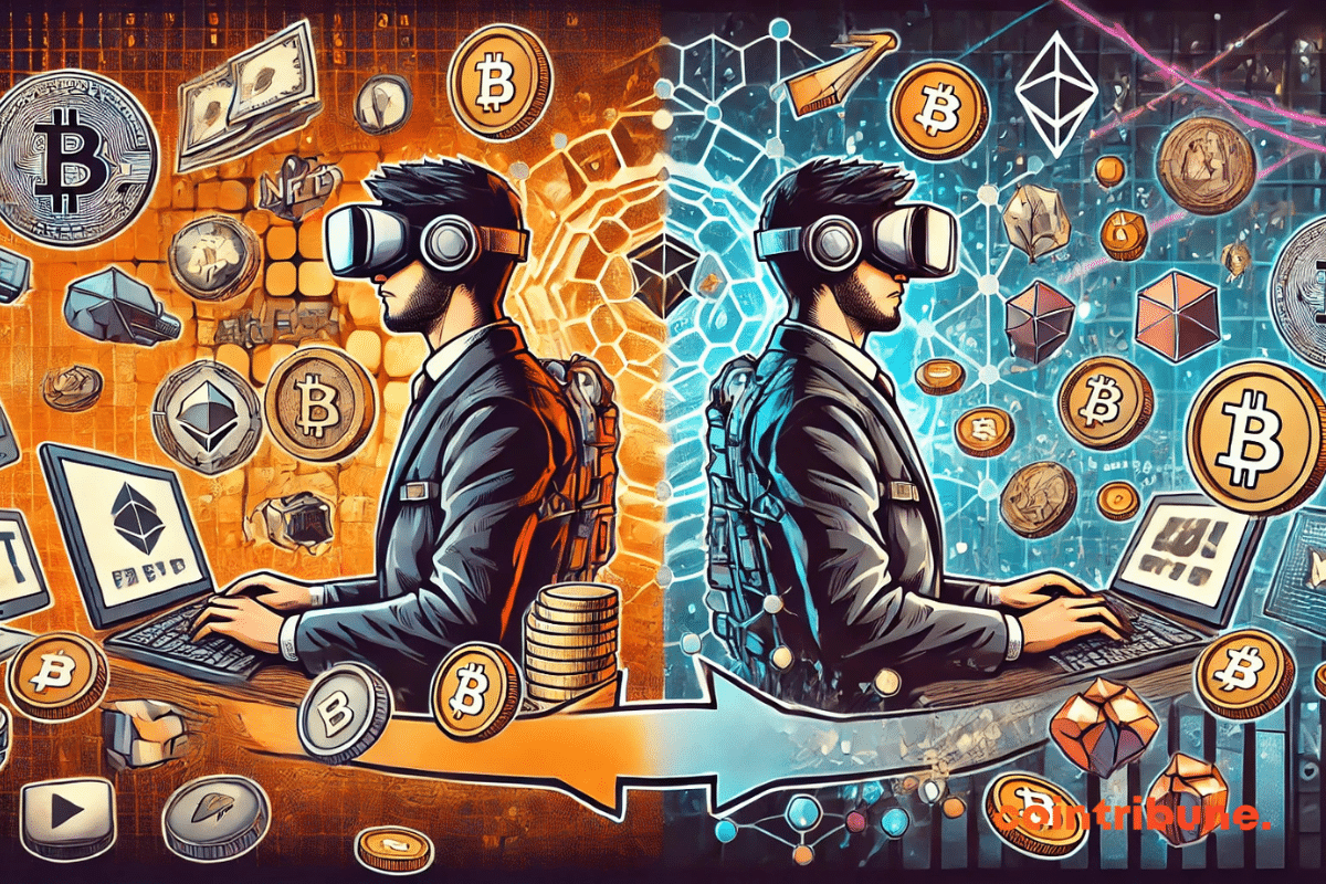 Ilustração representando a evolução do jogo para ganhar para o jogo e ganhar com NFTs, apresentando um jogador futurista segurando um NFT holográfico, com uma transição entre dois mundos de jogo ao fundo.