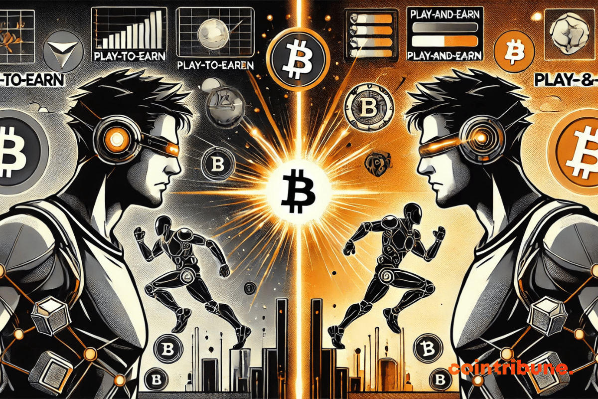 Comic book-style image illustrating the difference between Play-to-Earn and Play-and-Earn, with an orange, black, and white color scheme.