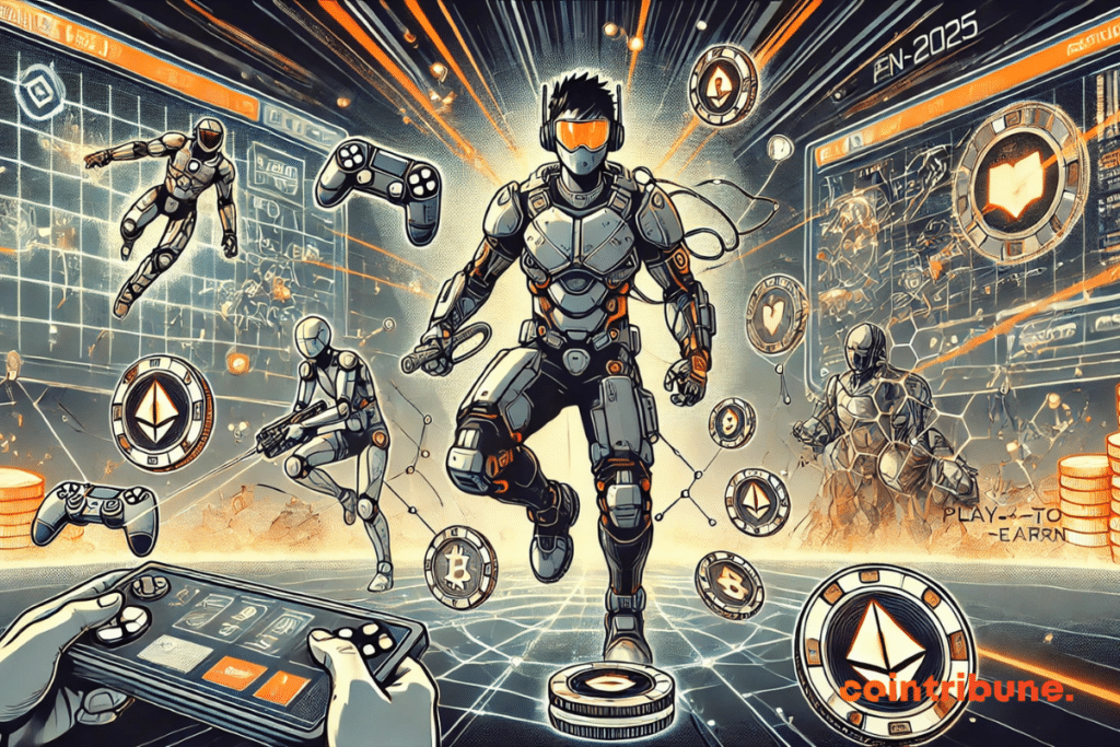 Ilustración que destaca los juegos Play-to-Earn en 2025, con un jugador futurista rodeado de hologramas de recompensas, avatares digitales y tokens criptográficos, en un universo digital dinámico.