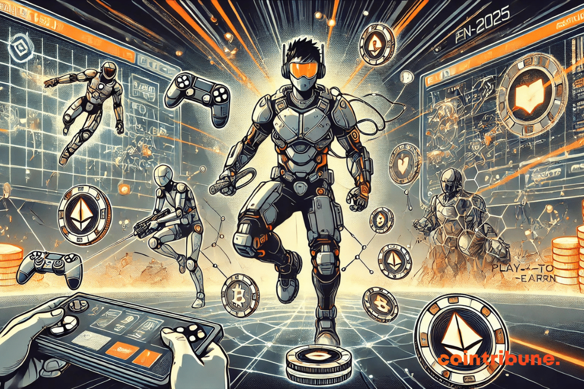 Ilustração destacando jogos Play-to-Earn em 2025, com um jogador futurista cercado por hologramas de recompensas, avatares digitais e tokens criptográficos, em um universo digital dinâmico.