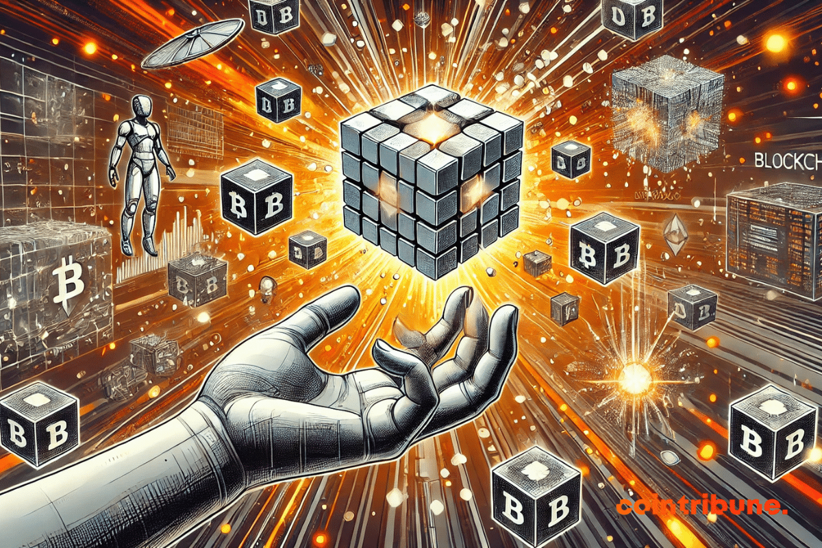 illustration featuring a cybernetic hand holding a digital cube representing blockchain, with a dynamic digital universe in the background