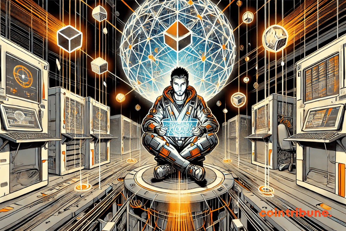 Ilustração representando a questão da descentralização dos jogos Web3, com um personagem observando uma rede blockchain entre um sistema centralizado e um sistema descentralizado.