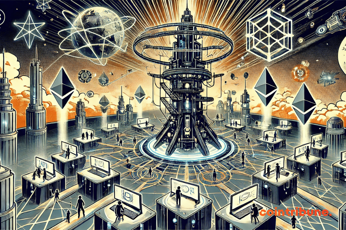ilustração com um hub central em forma de torre digital futurista, cercado por jogadores interconectados por gateways holográficos, representando plataformas Web3