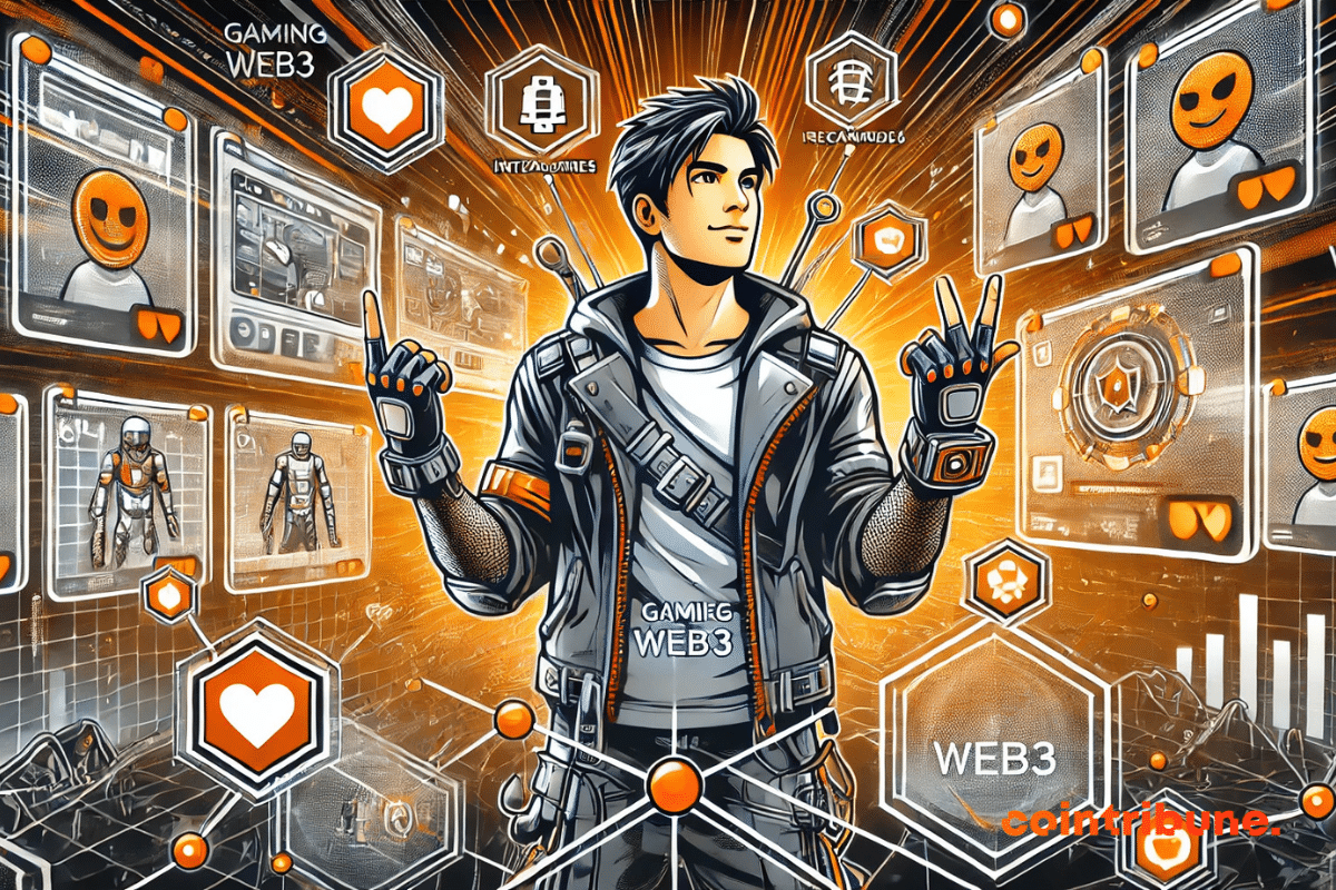 illustration highlighting the benefits of Web3 gaming for gamers, with a futuristic character surrounded by holograms symbolizing the rewards, freedom and innovation of Web3