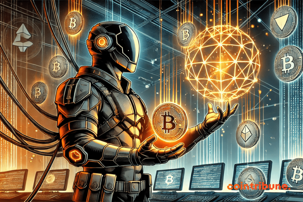 Ilustração destacando criptomoedas em jogos Web3, com um personagem cibernético segurando uma esfera holográfica brilhante exibindo tokens digitais.