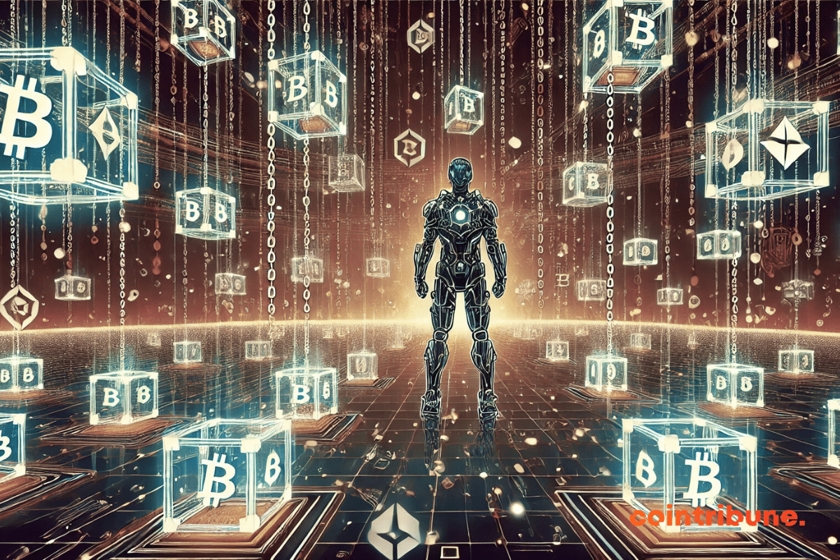 Ilustração representando os blockchains mais utilizados para jogos, com um caráter futurista cercado por blockchains holográficos e uma rede digital interconectada.